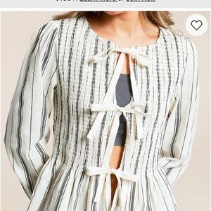 Blu Pepper Cream and Black Striped Tie-Front Top